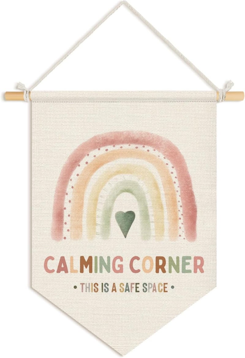 Wheatwin Boho Rainbow Classsroom Calming Corner Poster, Safe Space Sign Wall Hanging Pennant Flag Banner, Boho Mental Health Wall Decor for Therapy Counselor Office Classroom 15x11 Inch - Image 1